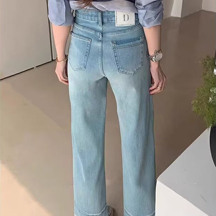 Lace-Trimmed Cropped Straight-Leg Pants Spring New Women's Plus-Size Pear-Shaped Figure Slimming High-Waisted Jeans