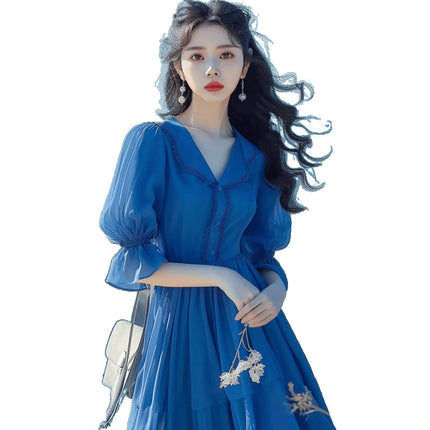 Foreign Trade Women's French Tea Break Beautiful Blue Puff Sleeve Dress Waist 2025 Summer New Style Seaside Vacation