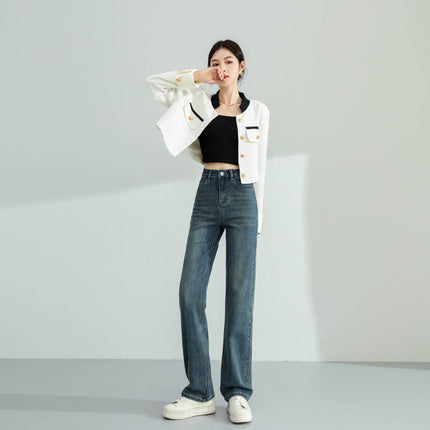 Real Shot of 2025 Autumn and Winter New Products Soft Texture Fabric Design High Waist Straight Jeans for Women
