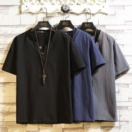 Cotton and Linen Short-Sleeved Shorts Suit for Men, Chinese Style Loose Large Size Collared Shirt, Summer Trendy Casual Sports Two-Piece Set Tang