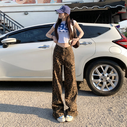 【25Ss】Relaxing Moment｜Lazy Vacation｜Straight Street Japanese Style Brown Leopard Print Wide Leg Jeans