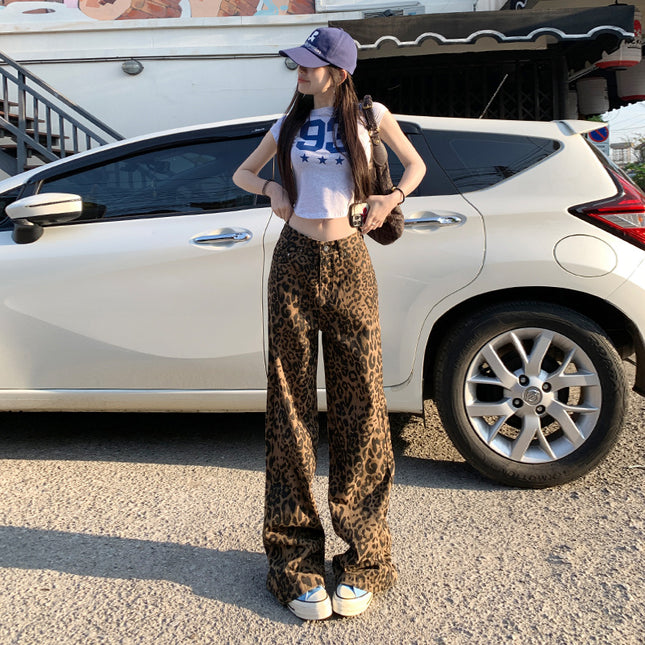 【25Ss】Relaxing Moment｜Lazy Vacation｜Straight Street Japanese Style Brown Leopard Print Wide Leg Jeans