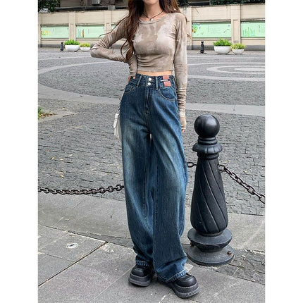 2025 Two-Button Drapey Floor-Length Pants Korean Style Petite Wide-Leg Pants High-Waisted Jeans Retro Vintage Women's