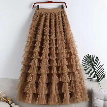 Sauze Skirt Women's Sweet Multi-Layer Cake Mesh Skirt light purple Elegant Elegant Elasticite Waist Princess A- Line Long Skirt