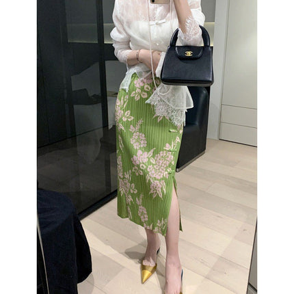 New Chinese-style Miyake Ruffled and Pressed Elastic Waist Stretch Vent Printed Buckle Mid-length Pencil Skirt Women's Skirt