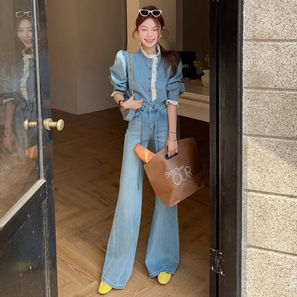 2025 Spring New High Waist Washed Jeans Women's Loose light blue Drawstring Micro-flared All-match Mop Pants