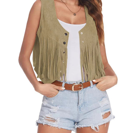 2025 Women's European and American Style New Suede Tassel Vest Jacket Popular Sleeveless Mid-Length Vest Outer Wear