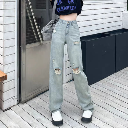 2024 New High Waist Slimming Straight Ripped Jeans Women's Summer Thin plus size Small Wide Leg Trendy Pants