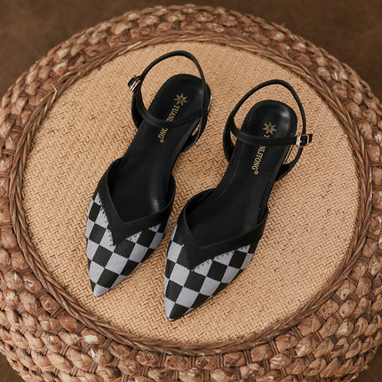 Baotou Women's Sandals, Summer Slippers for Outdoor Wear, Pointed Toe, Genuine Soft Leather, Shallow Mouth, Chunky Heel, Single Strap, Flat Shoes