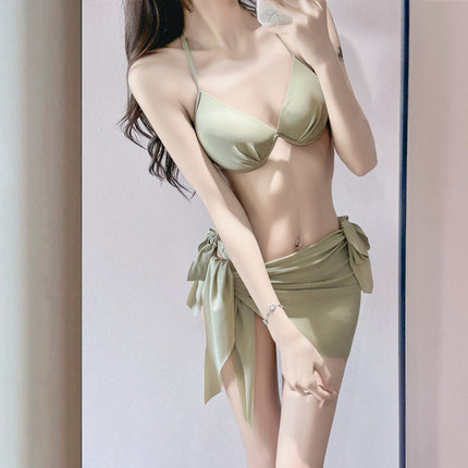 New Swimsuit Women's Bikini Versatile Sweet Mint Green Hollow Sweater Blouse Suspender Four-Piece Suit for Women