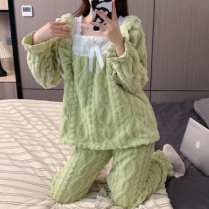 Pajamas for Women Winter New Style Coral Velvet Fleece-Lined Thickeneded Student Warm Lace Princess Style Home Wear Set