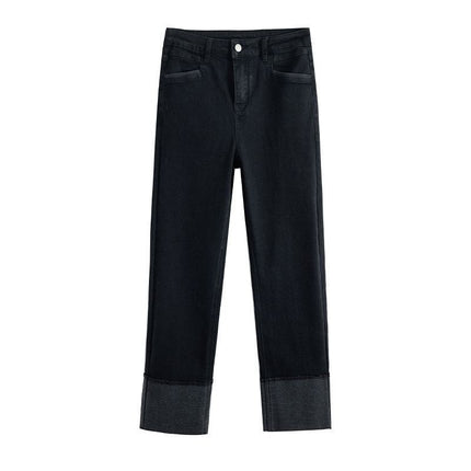 Black pipe pants women's autumn and winter 2023 new slimming high waist jeans small curling cropped straight pants