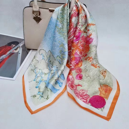 Suzhou Silk Women's Scarf 100% Mulberry Silk Scarf Large and Small Square Scarf Neckerchief Shawl with Printed Design