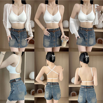 Summer Outer Expansion U-Shaped Back Bra for Women Without Rims, Sexy Shoulder Straps, Cross Halter Style, Jelly Peach Soft Support