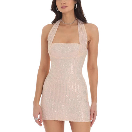 Cross-Border Hot-Selling Amazon Hot-Selling European and American Clothing Halterneck Sequin Dress Fashionable Versatile Short Skirt (3 Colors)