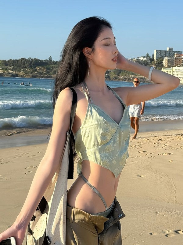 Korean New Grass Green Halterneck Drawstring Skirt Split Bikini Swimsuit Female Sexy Girl Beach Vacation Style