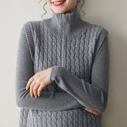 Full-Body Cable Knit Solid Color Women's Cashmere Knitted Vest Half-Open High-Neck Sleeveless Sweater Outerwear Layered Waistcoat
