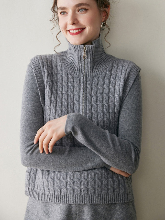 Full-Body Cable Knit Solid Color Women's Cashmere Knitted Vest Half-Open High-Neck Sleeveless Sweater Outerwear Layered Waistcoat
