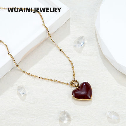 New Year's Wine Red Enamel Drop Oil Love Necklace Female Niche Color-free High-grade Pendant Titanium Steel Plated 18K Gold Accessories