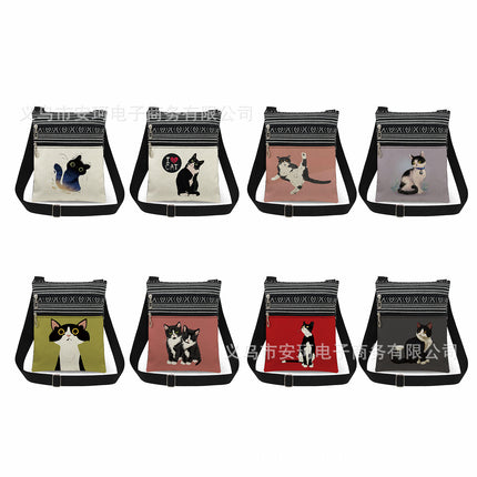 Cross-Border New Product Double Zipper Cat Print Single Shoulder Crossbody Bag Ultra-Light Cross-Border Style Messenger Bag Fashionable and Cute Women's Bag