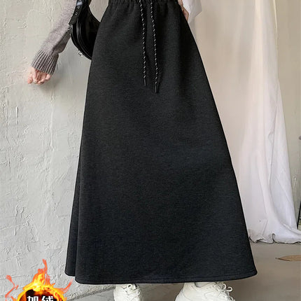 Fleece-Lined Thickened Skirt for Women, Autumn and Winter 2025 New Style, Drawstring High-Waisted Straight Casual Skirt, Versatile A-Line Long Skirt