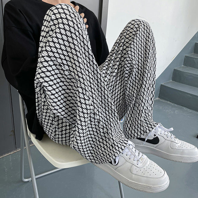 Fairy plaid pants men's high street ins fashion brand fried street ruffle handsome ice silk wide-leg pants men's summer thin draping mop pants