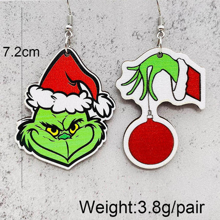 Cross-border new European and American Christmas Grinch wooden earrings green fur strange Christmas gift drop wooden earrings earrings