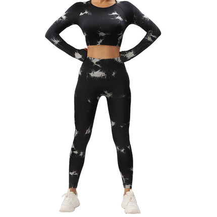 European and American Cross-border Seamless Tie-dyeing Fitness Sports Long Sleeve High Waist Peach Belly Tight Pants Yoga Sports suit