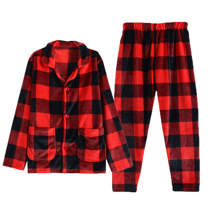 Autumn and winter plaid flannel pajamas set padded warm coral Plaid men's and women's home clothes wholesale
