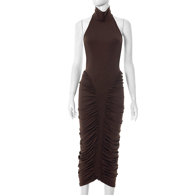 European and American Cross-Border New Women's Solid Color Sleeveless Halter Neck Backless Ruched Sexy Elegant Evening Slim Fit Pencil Dress for Women