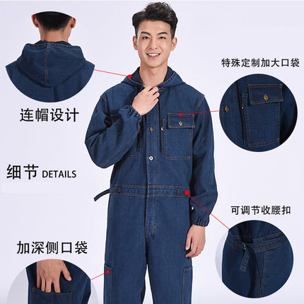 One-piece Denim work clothes painting welding dustproof site machine repair cotton one-piece work protection clothes suit with cap