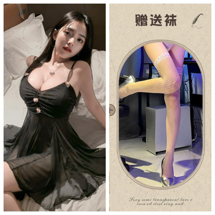 Sexy Plus-Size Casual Lingerie Nightgown Passion Set Teasing Strap Transparent Sleepwear for Women