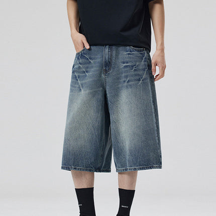 LKTM Men's# American Retro Old Blue Lightning Pattern Denim Shorts Men's and Women's Loose Straight Shape Cropped Pants