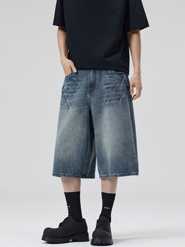 LKTM Men's# American Retro Old Blue Lightning Pattern Denim Shorts Men's and Women's Loose Straight Shape Cropped Pants