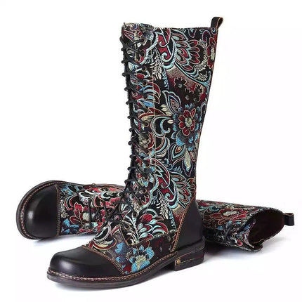 2025 Export New Style Side Zipper Boots Autumn and Winter Retro Flats Embroidered Boots Embroidered Low Heel Knight Boots High Tube Women