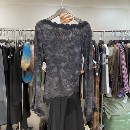 Niche Design Lace Lace Shirt for Women Autum New French Style One-Shoulder Thin Printed Mesh Top