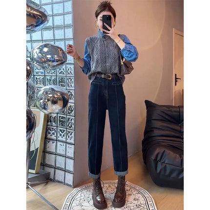 Early autumn wear a set of women's 2025 new academic style fake two-piece contrast sweater high waist jeans two-piece set