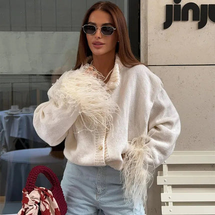 European and American Style Women's Clothing, Popular Cross-Border Product, Lazy and Versatile, Solid Color Spliced Feather Knit Cardigan