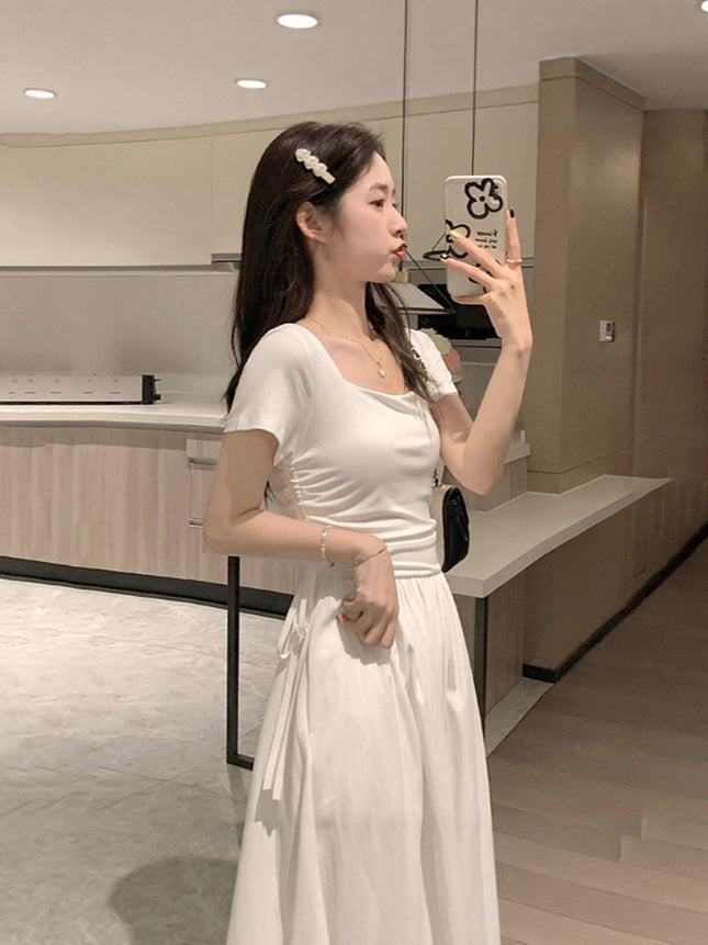 2025 New French Square Neck White Moonlight Dress for Women, Summer Atmosphere, Waist Slimming, Comfortable and Elegant Long Dress