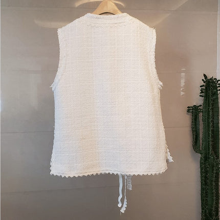 2026 Spring Fashion Chanel-Style Heavy-Duty Rhinestone Button Vest Jacket Slimming Tweed Versatile Slimming Top for Women