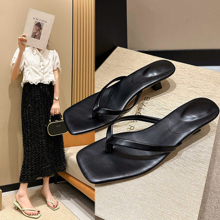Flip-toe sandals 2024 summer new flip-flops high-heeled thin-heeled outer wear square head foreign trade large size sandals women's wholesale