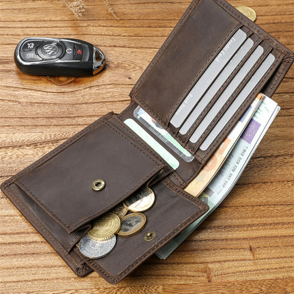 Men's Retro Crazy Horse Top Layer Cowhide Short Wallet Youth Genuine Leather Driver's License Wallet for Boyfriend Dad Gift