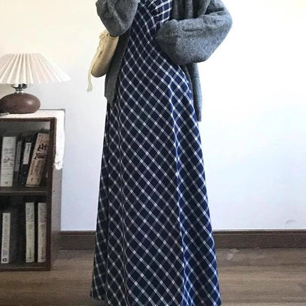 Tall 172cm Extended Version Summer French-Style Halter V-Neck Strap Dress, Elegant and Slimming Blue Plaid Long Dress