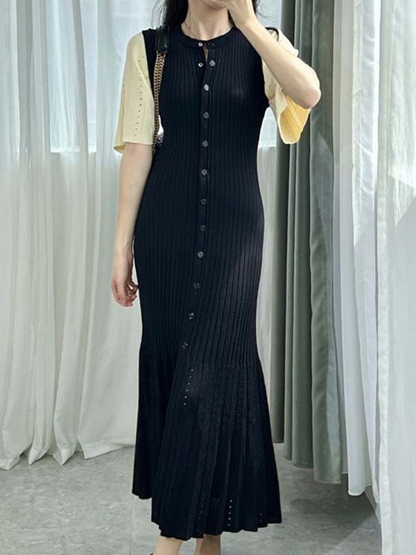 S Brand 2026 Spring/Summer New French-Style Short-Sleeve Knit Dress with Waist-Cinching Slit and A-Line Long Skirt on Aliexpress