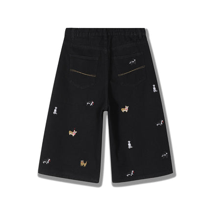 Vintage Washed Denim Shorts with Dog Embroidery for Men and Women, Summer Trendy Loose Fit Versatile Wide-Leg Cropped Pants