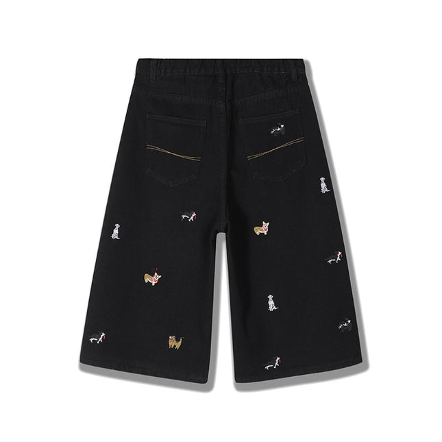 Vintage Washed Denim Shorts with Dog Embroidery for Men and Women, Summer Trendy Loose Fit Versatile Wide-Leg Cropped Pants