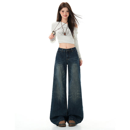 Washed Straight-Leg Jeans for Women, Autumn New American Design, Loose Fit, Slimming, Drapey, Floor-Length Wide-Leg Pants