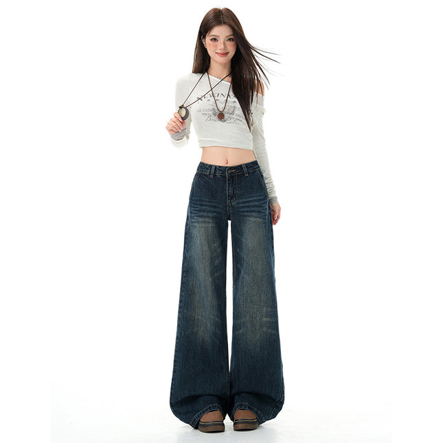 Washed Straight-Leg Jeans for Women, Autumn New American Design, Loose Fit, Slimming, Drapey, Floor-Length Wide-Leg Pants