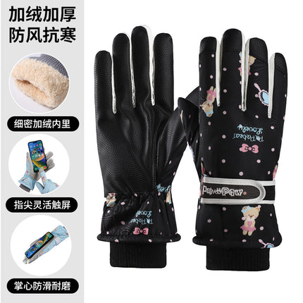 Wholesale Women's Cartoon Velvet Ski Gloves Winter Outdoor Windproof and Cold-Proof Warm Gloves Waterproof and Non-Slip Gloves