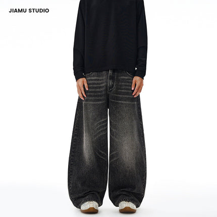 Jiamu American High Street Three-Color Baggy Jeans Unisex Loose Wide-Leg Scimitar Jeans Men's and Women's Silhouette